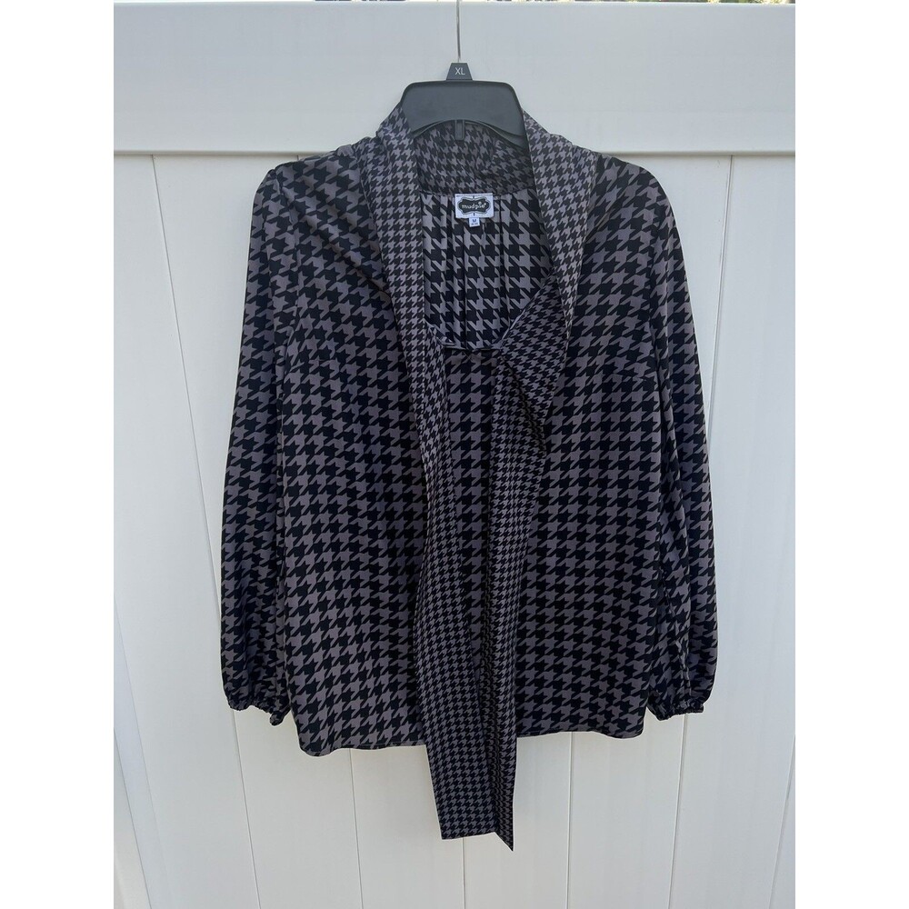 Mud Pie Tunic Top Womens Medium Collared Ascot Blouse Houndstooth Multicolor